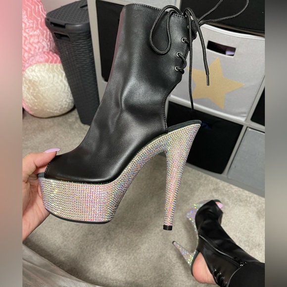 Stripper Dancewear Bling Rhinestone Platform Ankle Boots- Black - Picture 4 of 4